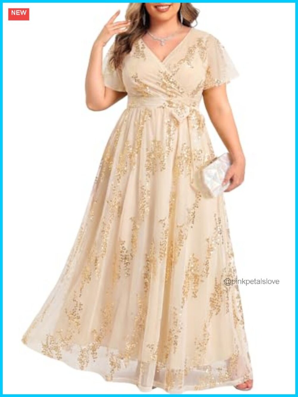 Plus Size Sequin Maxi Formal Dress Wedding Guest Flutter Sleeve